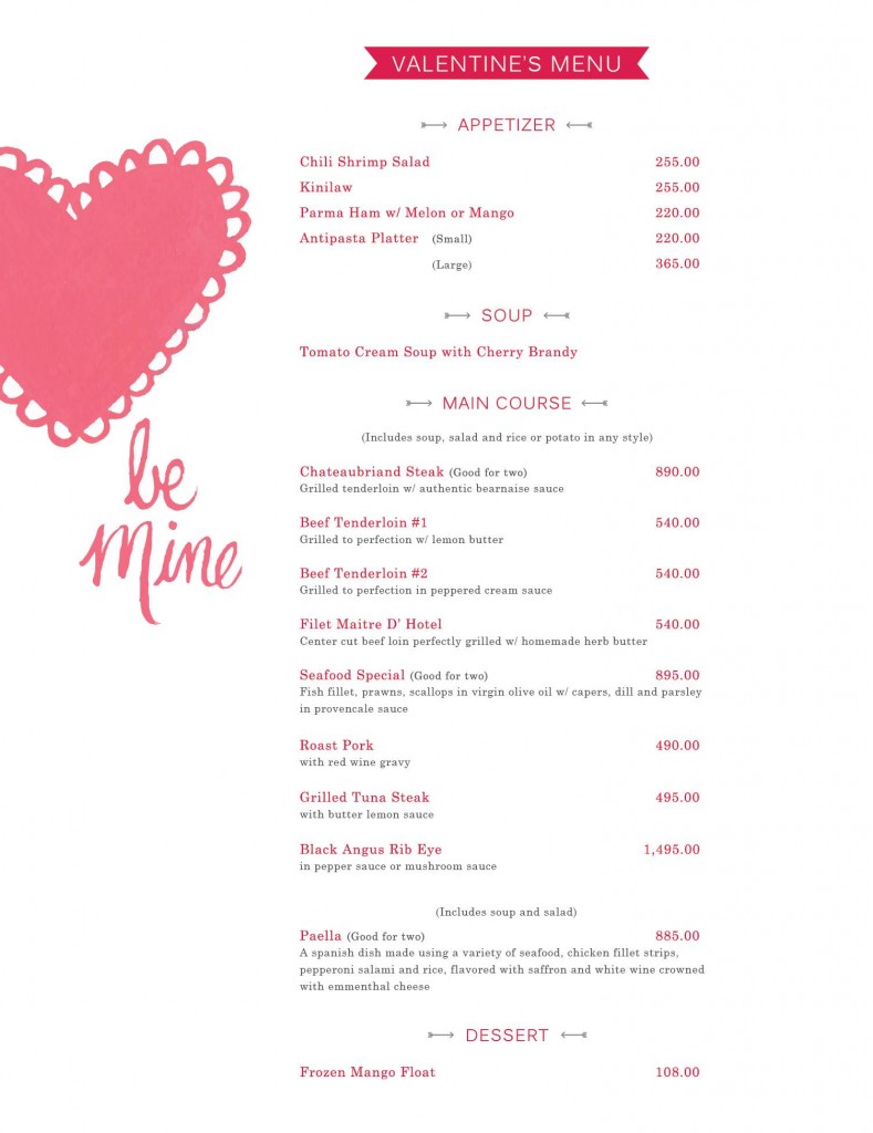 Dine with us this Valentine's Day and enjoy our special Valentine Menu made specially for you.